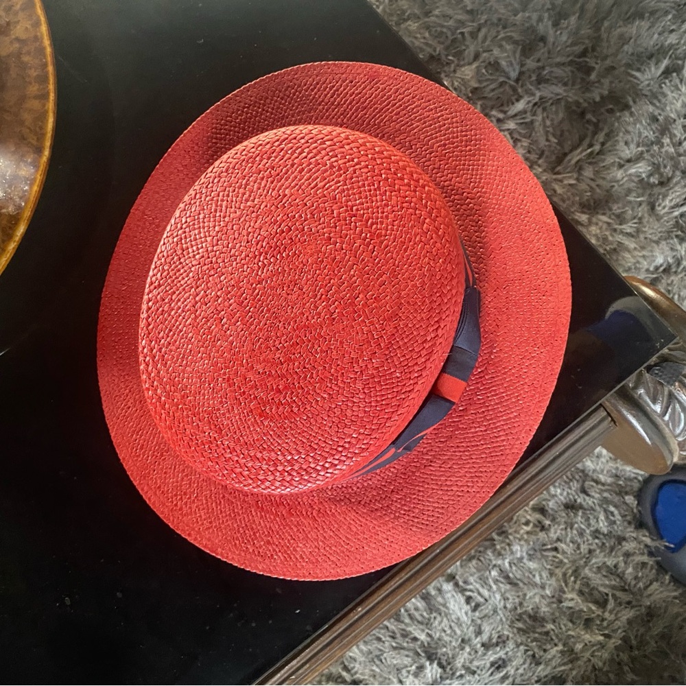 Chic Red Straw Hat with Navy Band